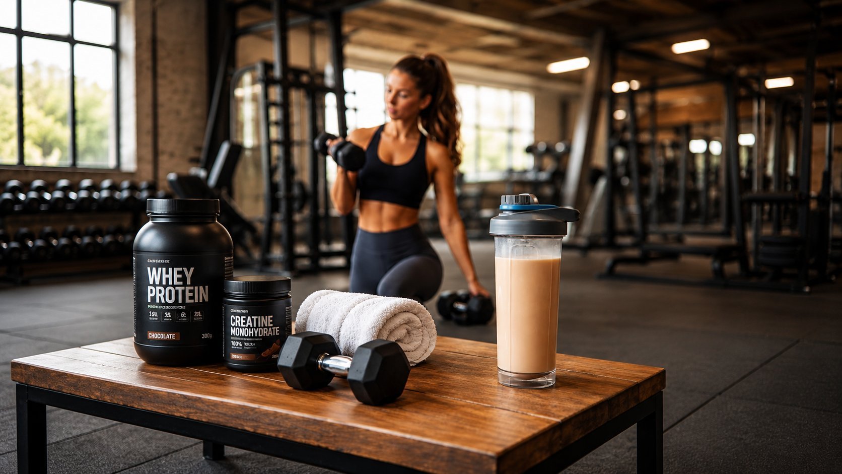 Atleta treinando na academia com suplementos